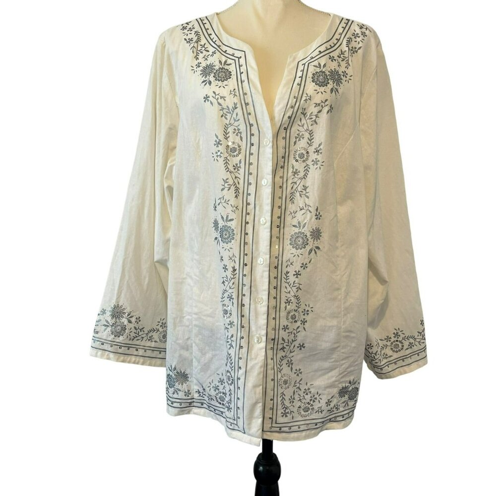 Vintage Avon Blouse Linen Cotton Blend Side Split Indian Style White & Gray 3X